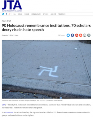 Screenshot from JTA.org article showing swastika graffiti in Crown Heights, Brooklyn