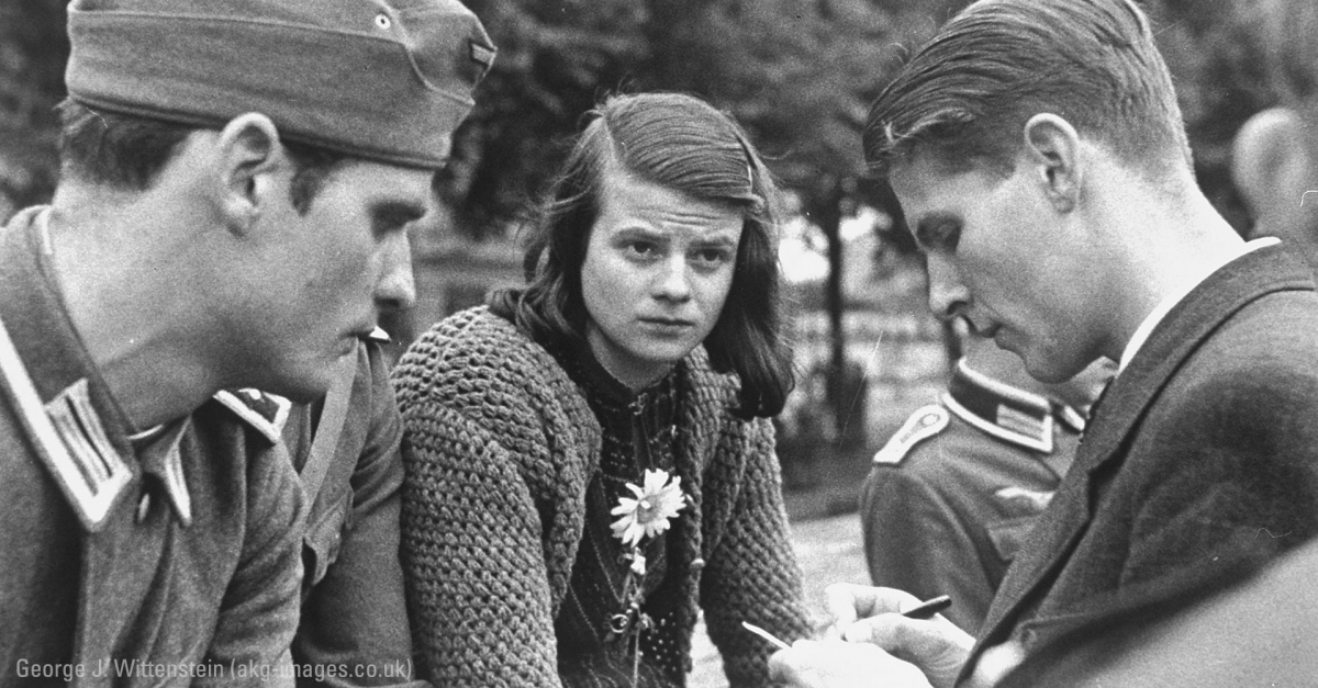 Hans Scholl, his sister Sophie Scholl and their friend Christoph Probst are photographed in 1943.