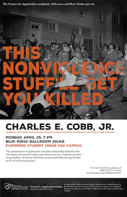 A lecture by Charles E. Cobb, Jr., entitled "This Nonviolent Stuff'll Get You Killed: How Guns Made the Civil Rights Movement Possible" poster by Anna Cantrell